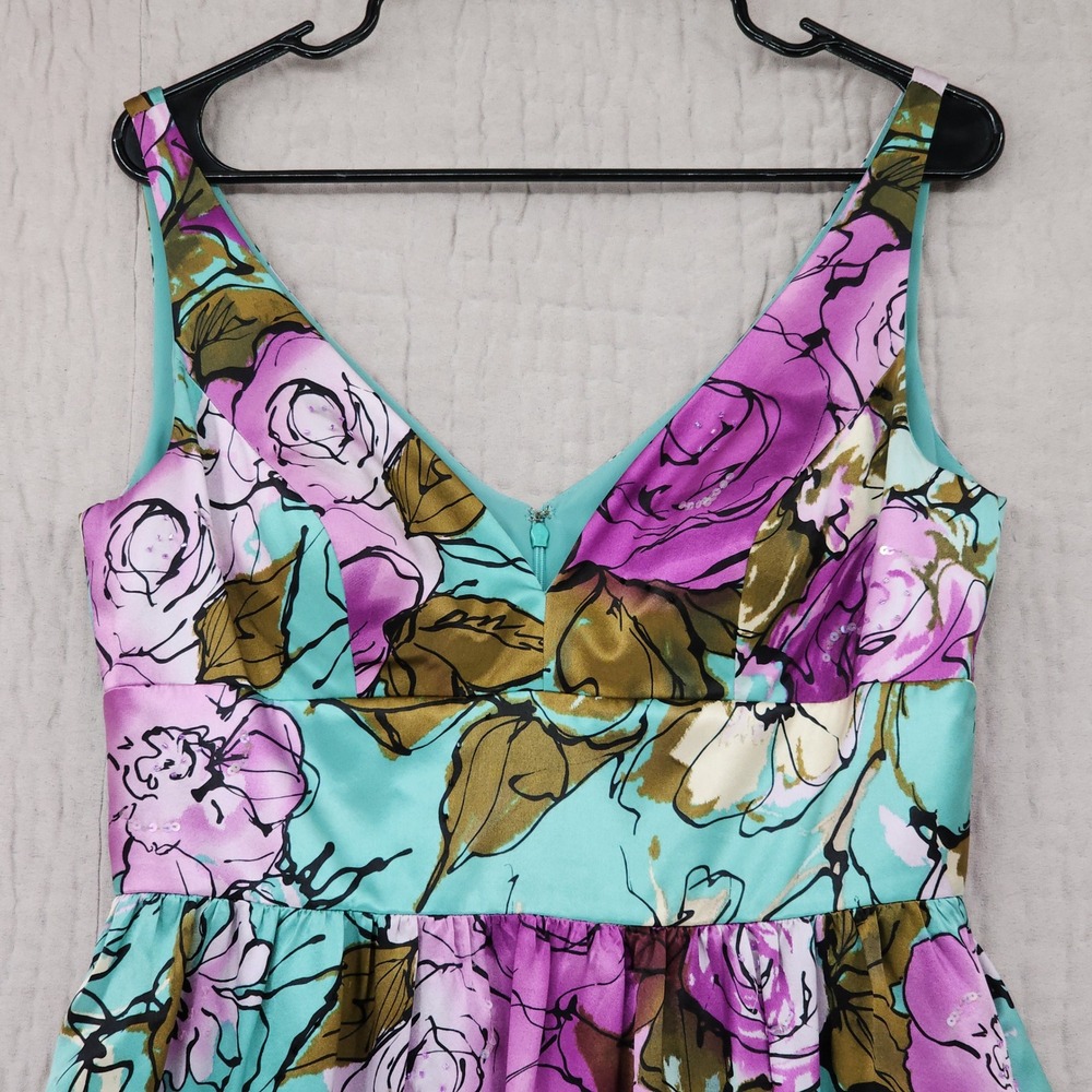 Adrianna Papell Silk Dress 10 Teal Purple Floral Fit Flare Cocktail Party Fairy - Picture 11 of 15